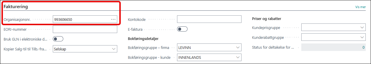 Opprette fra organisasjonsnummer